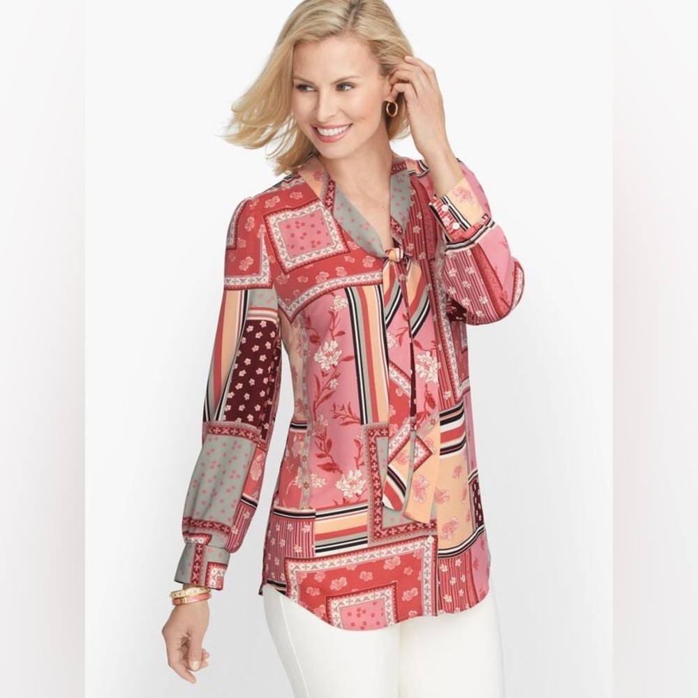 Talbots TIE NECK TOP Rose Patchwork Pattern Long Sleeve Button-Up Blouse Size Sp